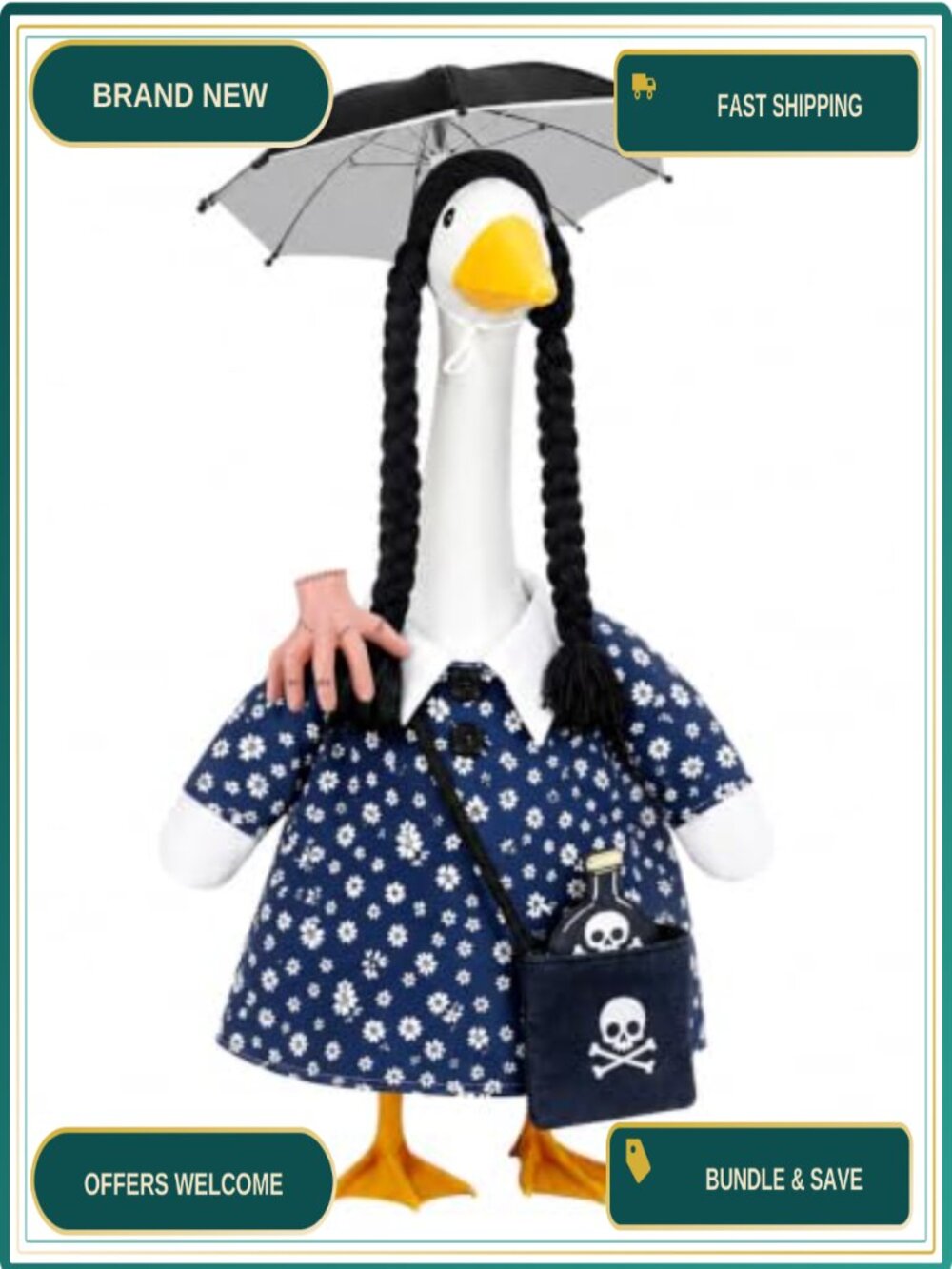 Gothic Halloween Porch Goose Outfit 23" Statue Dress Wig Umbrella Set